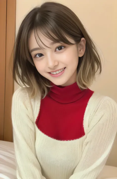 beautiful japanese woman、1 person,very pretty and slim、outstanding style  、super high quality、very delicate face, skin and hair、Fluffy short bob、straggling hair,(((((gradient hair、blonde、brown hair)))))、(((Red Turtleneck Sweater Dress))),((Cover your chest...