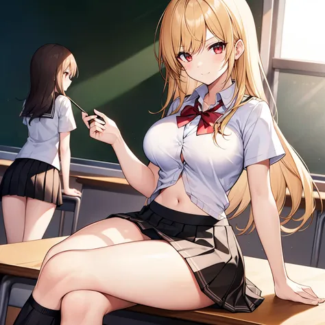 1girl in, Solo, perfect bodies, (top-quality:1.5), masutepiece, nffsw、Shaders、Brilliant Textured Work、hi-school girl、a blond、(Black School Uniform:1.5)、(Black flared skirt:1.5)、Navel、Attractive red eyes、An inviting smile、Sitting at a desk、Skinny Legs、You c...