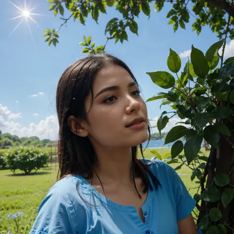 A kissing flower under a tree, with the blue sky with rain around