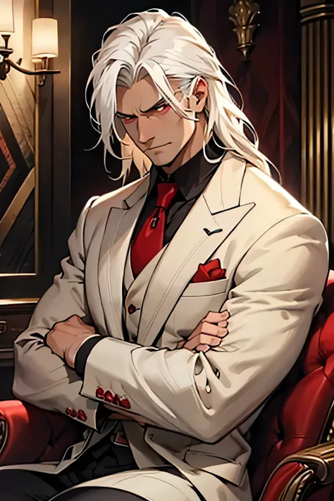 Male, Long white hair , wearing dark red Mens Herringbone Tweed suit, red eyes, open collar, clean shaven, unamused expression, arms crossed, tall, broad shoulders, muscled body, sitting in an old style gentlemens club