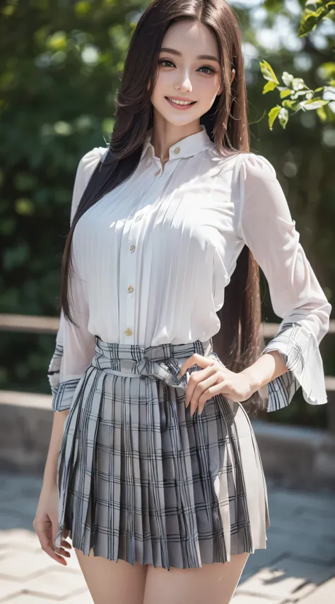 (8k, RAW photo, best quality, masterpiece:1.2), (realistic, photo-realistic:1.37),1girl, green eyes, long hair, ultra detail cloth,((Pleated skirt with many checked folds、White and beautiful blouse:1.3)),((shy smile))、((Long straight hair_Hair reaching dow...