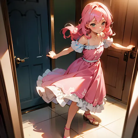 Cute pink hair: A young girl with long, curly pink locks that cascade down her shoulders and frame her face, creating an irresistibly adorable appearance.

One girl in a cute dress: A  figure clad in a floral sundress, its soft colors dancing in the dapple...