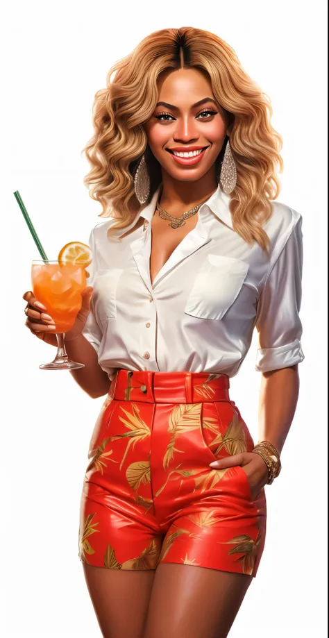 (best quality, ultra-detailed, hyper realistic) a full-body view with beautiful legs ultra-detailed illustration of a captivating artwork featuring smiling Beyoncé holding a tropical cocktail and wearing a white shirt in a red Business suit smiling, elegan...