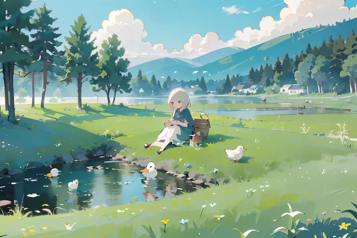 ((a girl sitting by the pond))，(play in the fields, paddy，cute ducks, cute girls), ghibli background style, yuru chara style，cut...