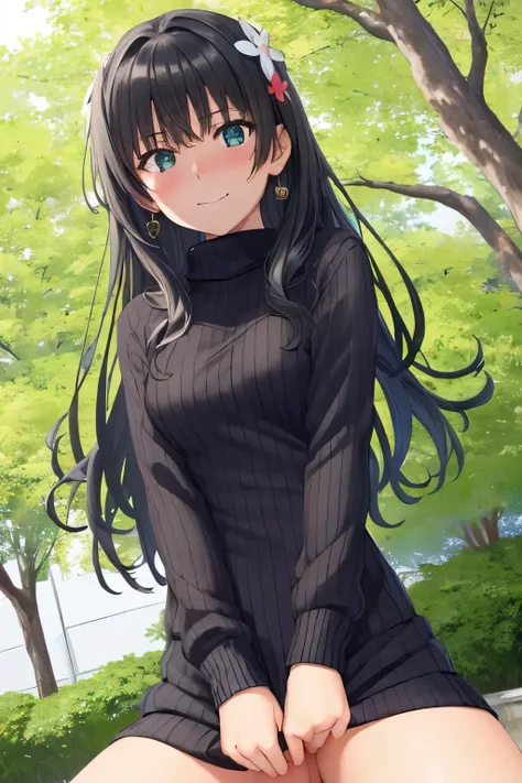 saten_ruiko, 1girl,18yo,black long hair,hair ornament, flower ornament,good anatomy, masterpiece, best quality,realistic, hyperrealistic, 16k hdr, (naked,sweater),earrings,red neck ribbon, outdoors, sunny, detailed blue sky,strong wind,(from below:1.2),(re...