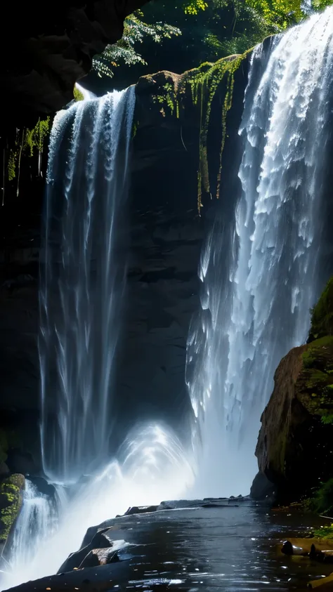 from below, best quality, 32k, raw photo, cave behind the waterfall the falling water of the waterfall, water smoke, water dropl...