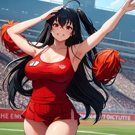 a woman wearing red and black cheerleader costume, long black hair, red eyes, smiling, on a sports field.
