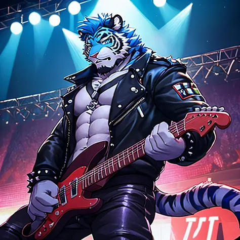 best quality, masterpiece, blue eyes, blue fur，blue tiger，Punk，black pants，leather jacket，Good shape，eight pack abs，The expression is very serious，plays the electric guitar，Abs loom，on stage