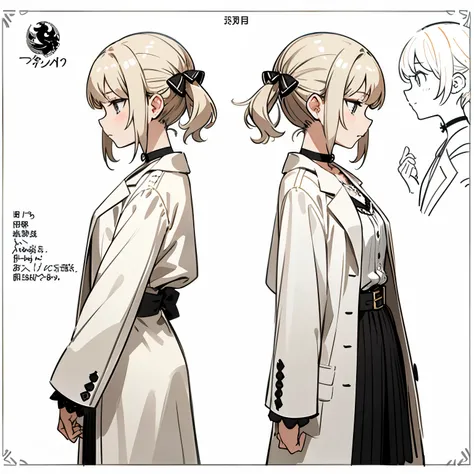 (masterpiece, best quality) detailed,   girl, drawing reference, reference, lineart, sketch, university professor girl, stylish white coat, slightly messy blonde medium hair, hair ornament, black choker,  (character design sheet, same character, front, sid...