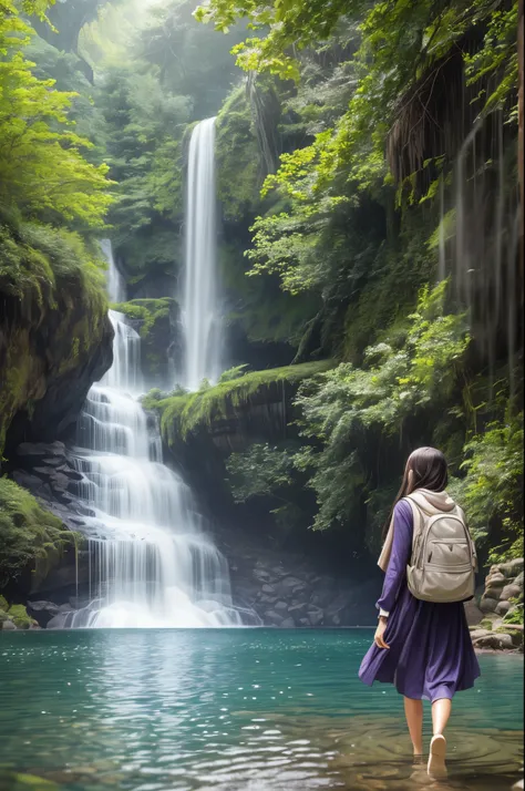 1girl, realistic beautiful young woman, wearing colorful dress, waterfall, walking under the waterfall, with her back to the audience, ethereal beauty, full body, character ratio is only 1/8, lake surface, ((large grove)), Tyndall ray, realism, cinematic l...