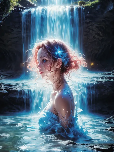 (best quality,4k,8k,highres,masterpiece:1.2),ultra-detailed,(realistic,photorealistic,photo-realistic:1.37),portrait,"girl hit by waterfall,splash",oil painting,water texture,beautiful detailed eyes and face,flowing hair,long eyelashes,shimmering light,sum...