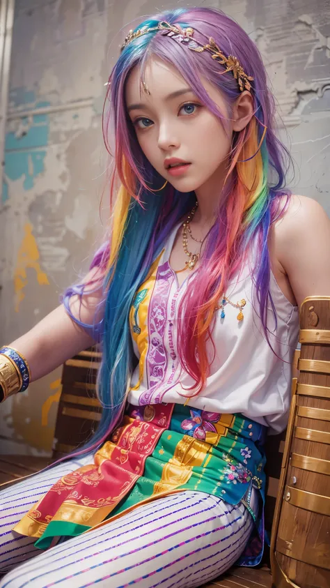 Model shoot, (1 girl), long hair, rainbow hair, islamic warrior, rainbow outfit, shoelace, Shiny:1.5, Surreal, super detailed, Dynamic shooting, masterpiece, Scene details are clear, perfect eyes, Perfect skin, perfect hands, sitting,