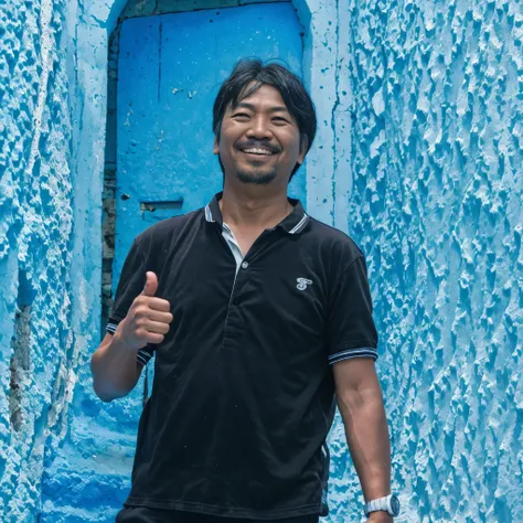 a man standing in a narrow alley with blue walls。30 generations。tomohiro shimoguchi, saito takao, takeyuki kanda, norihiro yagi,...