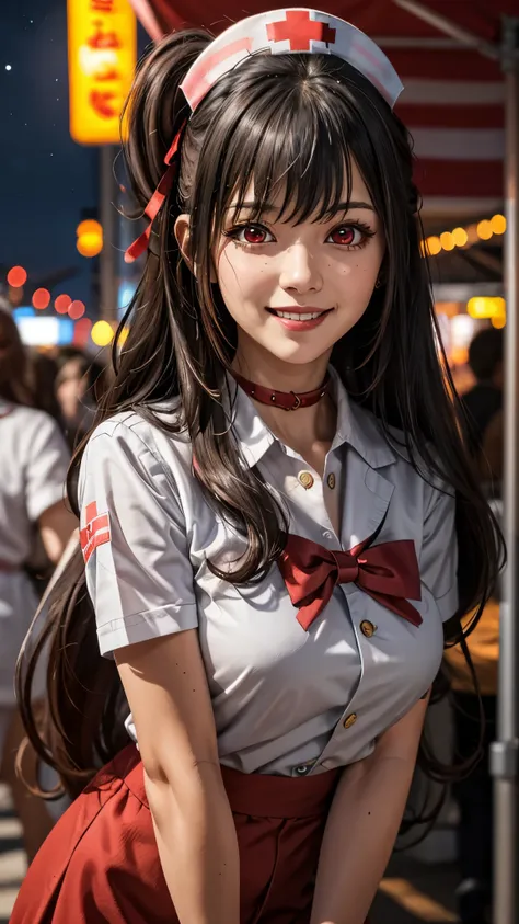 long hair with red bow, cute nurse costume, red eyes, smilling, red lips, heart collar, 8k, super-details, making a cute pose, super details, 8k, super details, in festival at night