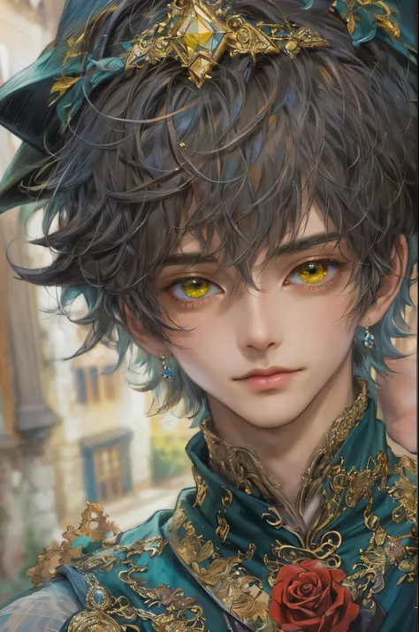 ((absurdres, highres, ultra detailed, perfect face), 1 boy , front view, young boy, handsome boy villain character from prince of Persia, short hair, anime eyes, mage clothes with colorful details,  eyes on the viewer, add red details to picture and smirk,...