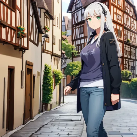 a woman with silver hair, wearing casual clothes in a traditional German town, green eyes.
