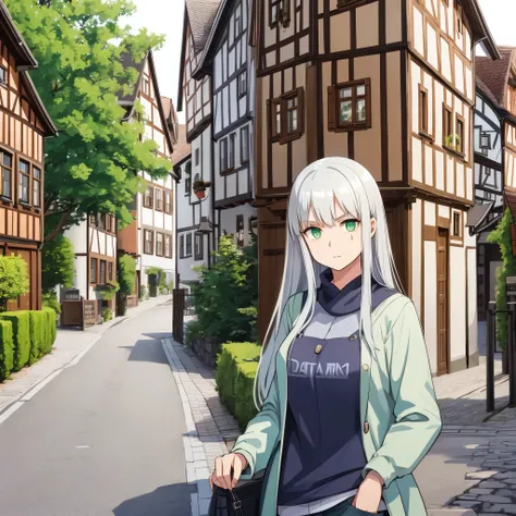 a woman with silver hair, wearing casual clothes in a traditional German town, green eyes.