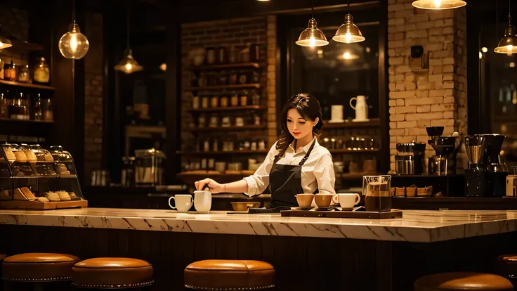 woman pouring coffee,Evening Cafe,counter,vapor,coffee shop,retro,genuine,genuineistic,warm atmosphere,relax,jazz