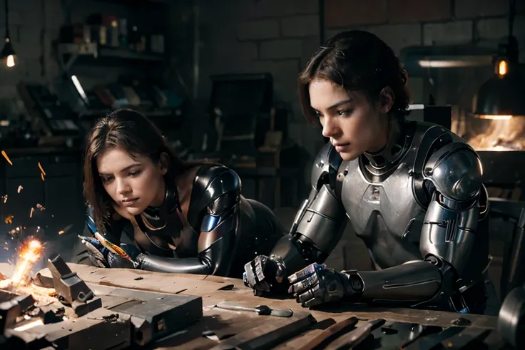 a cyborg repairing another cyborg, sparks, welding, photo realistic, hyper realistic, masterpiece