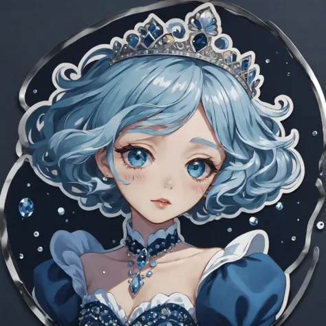 (a sticker,),(3d anime girl),skirt, grace,beautiful face,light blue wavy hair，Wearing a small silver diamond crown，(In circlerow dark blue ocean background), ( boundary)（oil painting style）， Super detailed, best quality, Detailed illustration, vectorized, ...