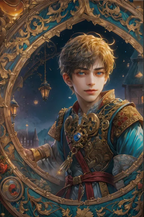 ((absurdres, highres, ultra detailed, perfect face), 1 boy , front view, young boy, handsome boy villain character from prince of Persia, short hair, anime eyes, celestial clothes with colorful details,  eyes on the viewer, add red details to picture and s...