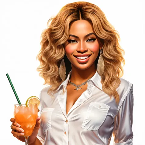 (best quality, ultradetailliert, hyperrealistisch) a full-body view with beautiful legs ultradetailliert illustration of a captivating artwork featuring smiling Beyoncé holding a tropical cocktail and wearing a White shirt in a red Business suit smiling, e...