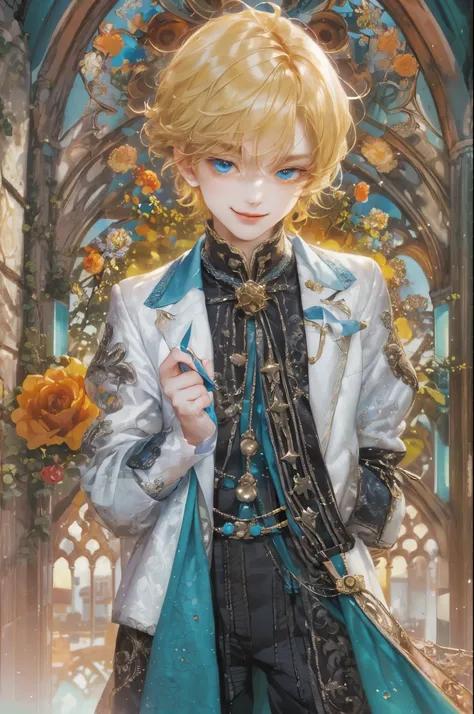 ((absurdres, highres, ultra detailed, perfect face), 1 boy , front view, young boy, handsome boy villain character from Uta no Prince sama, short hair, anime eyes, alchemist clothes with colorful details,  eyes on the viewer, add red details to picture and...