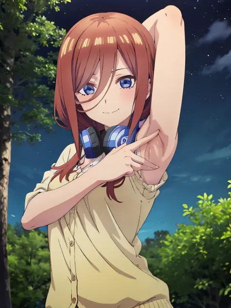 solo, 1girl, looking at viewer, 2D, anime, anime coloring, high quality, closed mouth, solo, upper body, night sky, forest, arms behind head, contrapposto, shy smile, spread armpits, miku nakano, cardigan, headphones around neck, looking at viewer, smile