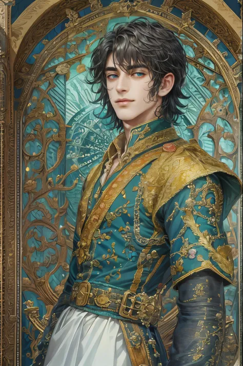 ((absurdres, highres, ultra detailed, perfect face), 1 boy , front view, young boy, handsome boy villain character from prince of Persia, short hair, anime eyes, celestial clothes with colorful details,  eyes on the viewer, add red details to picture and s...