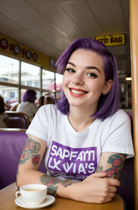 street photography photo of a young woman with purple hair, smile, happy, cute t-shirt, tattoos on her arms, sitting in a 50s diner 