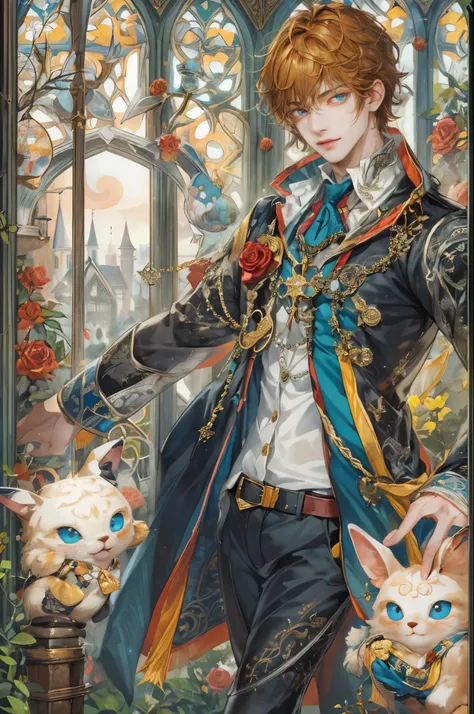 ((absurdres, highres, ultra detailed, perfect face), 1 boy , front view, young boy, handsome boy villain character from Uta no Prince sama, short hair, anime eyes, alchemist clothes with colorful details,  eyes on the viewer, add red details to picture and...