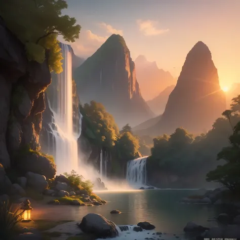 （masterpiece、super exquisite、high resolution），郁郁葱葱的绿色山脉令人着迷的scenic waterfall, 沐浴在柔和的sunset光下. the scene should evoke a sense of ...