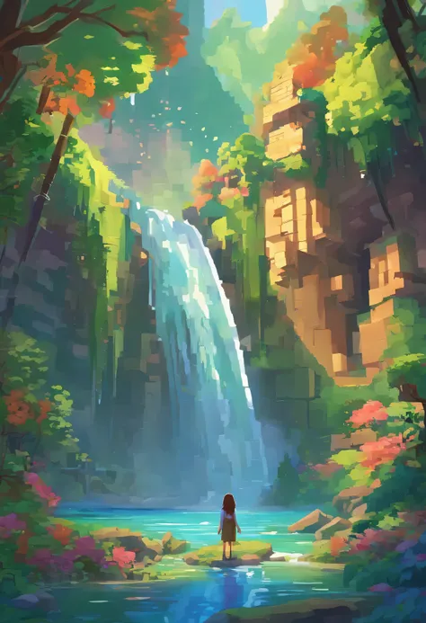 A girl stands in front of a majestic waterfall, mesmerized by its beauty, Her eyes sparkled with amazement. The girl has grown up, The flowing long hair was gently blown by the breeze，She raised her face towards the waterfall. The waterfall consists of cry...