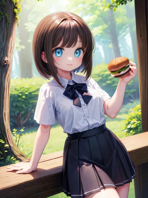 ultra-detailed,(masterpiece:1.2) , (best quality:1.2) , (ultra-detailed:1.4), 2.5D,extremely detailed,anime,girl,dark brown hair,medium hair,Break,blue eyes,Break,moss burger,shirt,skirt,hamburger,smile