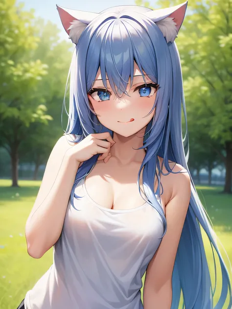 absurdres, ultra-highres, ultra-detailed, best quality, 1 girl, solo, front view, facing you, smug, smirk, tongue out, looking at you, BREAK, straight light blue long hair, blue eyes, cat girl, animal ears, tanktop, white tanktop, hand on chin