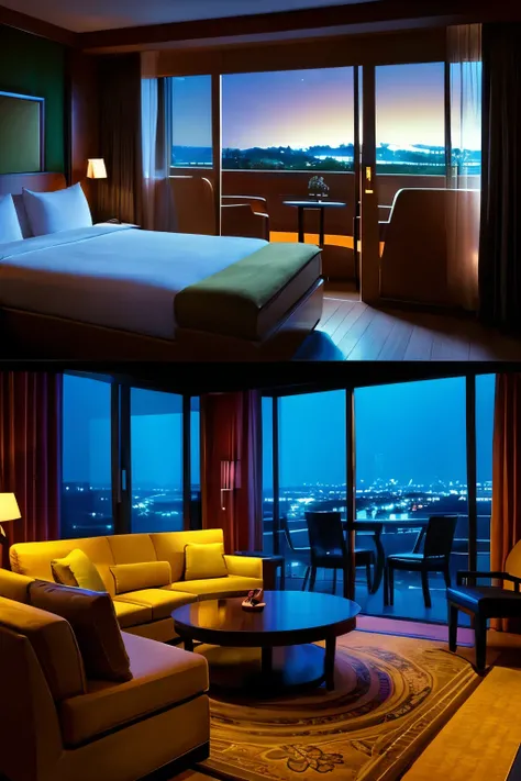 A hotel room with a round table and a large sofa.、There is a large window in the back and you can see the night view.。Make it monotone and cartoon style.。