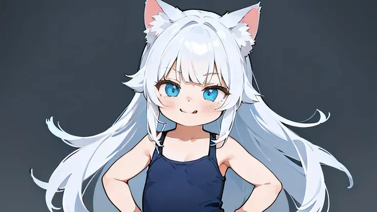 absurdres, ultra-highres, ultra-detailed, best quality, 1 girl, solo, front view, facing you, smug, smirk, tongue out, looking at you, BREAK, straight light blue long hair, blue eyes, cat girl, animal ears, tanktop, white tanktop, hand on chin, lower body,...