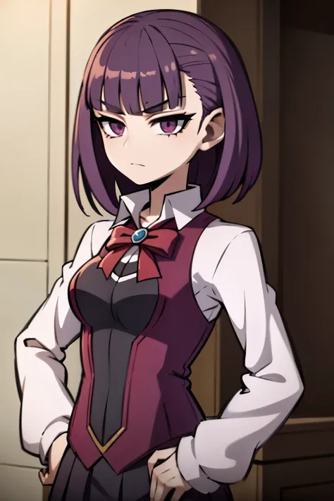 helena blavatsky, purple hair, short hair, (purple eyes:1.1),, anime in a school uniform posing for a picture, estilo de arte anime moe, Magic school uniform, cute anime, cute anime high school girl, Gamoe Yandere, young anime, retrato estilo anime, estilo...