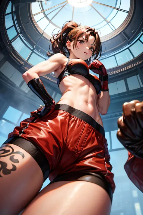 Boxer gloves、beautiful female boxer、brown hair up style、((whole body))、(((photo taken from below)))、On the ring