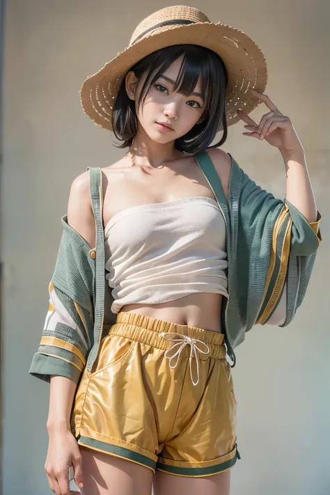 Ultra High Resolution, (Realistic: 1.4), RAW Photo, Best Quality, (Photorealistic), Focus, Soft Light, ((15 years old)), ((Japanese)), (Front, Young Face))), (Depth of Field), (One Piece), Masterpiece, (Photoreal), Woman, Bangs, (( bandeau top, shorts 1 Gi...