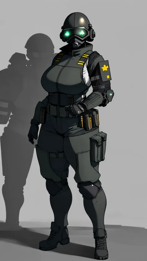 combine soldier, 1girl, solo, standing, helmet, gloves, looking at viewer, facing viewer, military, science fiction, jumpsuit, bulletproof vest, huge breasts, wide hips, skintight, combat boots, coat around waist, mechanic girl, holster, chest rig, ammo po...