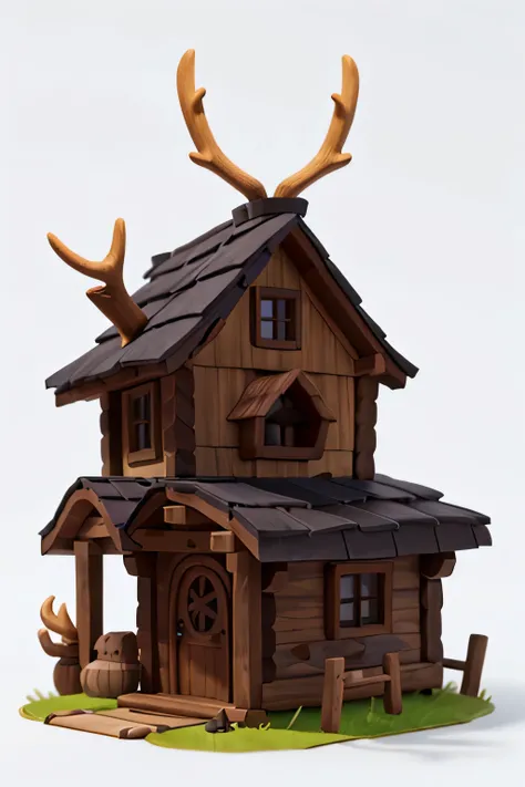 Une maison en rondins viking, caricatural style, viking sombre, toit de paille, peaux d&#39;animaux et bois de cerf comme décorations, fond blanc, detailed, chef-d&#39;artwork, best quality, 8K, rendu.