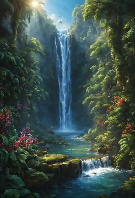 Create a breathtaking image of a majestic waterfall cascading down from towering cliffs amidst an enchanted forest. The waterfall should be surrounded by lush, vibrant greenery, with diverse flora and fauna adding to the magical ambiance. The water should ...