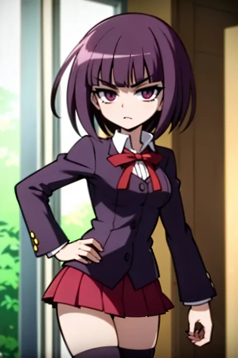 helena blavatsky, purple hair, short hair, (purple eyes:1.1),, anime in a school uniform posing for a picture, estilo de arte an...