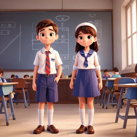 A picture of a couple, The boy is Wearing a seafarer outfit while the girl is wearing teacher outfit.