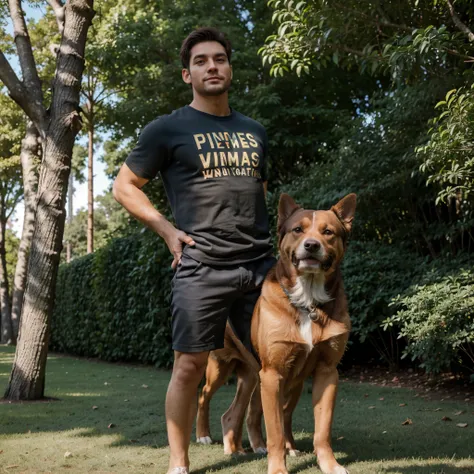 (best quality,highres,ultra-detailed),giant dog,small man,Cachorro com 2 metros de altura ao lado de um homem pequeno,realistic,large breed dog,detailed fur texture,dark brown fur,big paws,tall and muscular physique,friendly expression,curious eyes,gentle ...