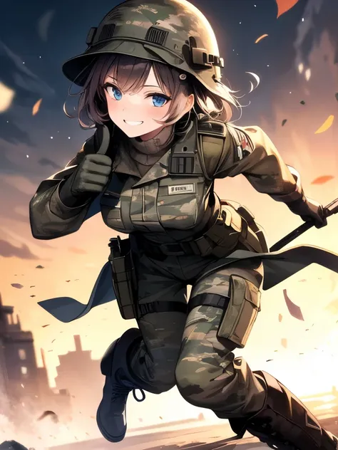 ((masterpiece)), ((best quality)), ((ultra-detailed)), 1girl, military, camouflage Helmet, bob hair, outdoors, camouflage jacket, military gloves, military boots, camouflage pants, dynamic angle, battlefield, thumbs up, face focus, looking at viewer, grin,