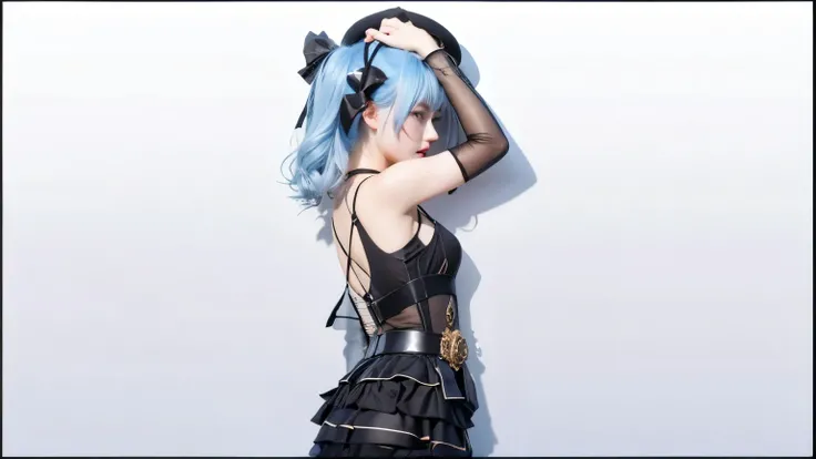 girl with blue hair, black dress, holding black baret