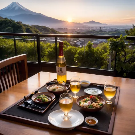 (including 64k, nffsw, highest quality, table top: 1.2), (realistic, realistic: 1.37), Spectacular view of the sunset sky and clouds、Amazing mountain views、Japanese food、White wine、Japanese sake、Sake Glass、wine glass、、sparkling wine、