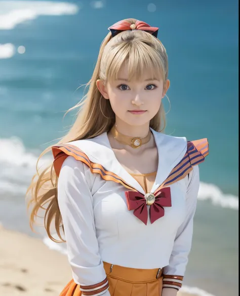 (highest quality:1.2),(perfect beautiful face:1.2),(perfect and beautiful posture:1.2),(japanese woman:1.1),blonde long hair, On the beach in midsummer, smile, big breasts, thick muscular body,Ultra-high precision photos,clear eyes, ((sailor_venus:1.3)),cl...